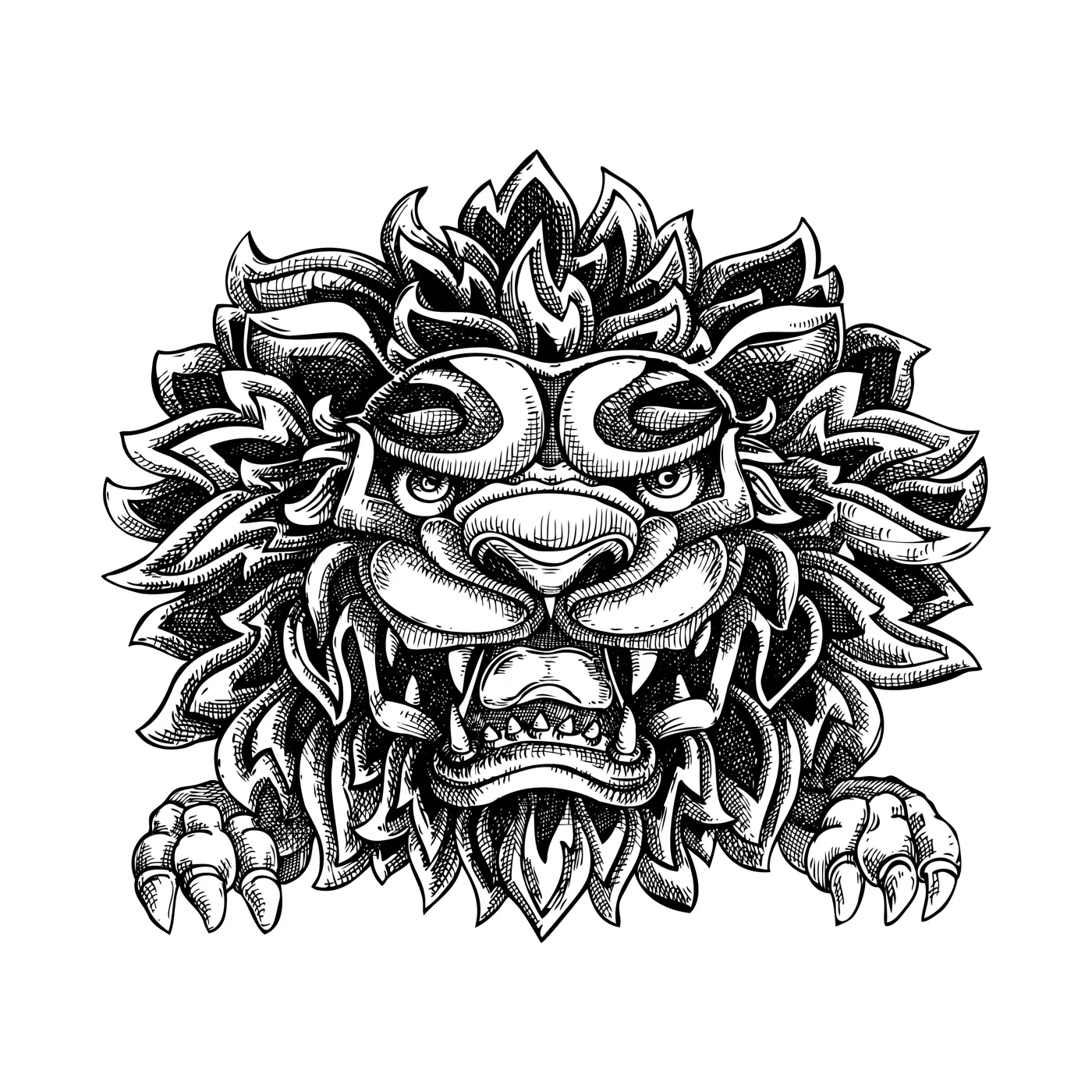 Chinese lion head sketch. Hand-drawn vector illustration. Traditional China mythical animal drawing. NOT AI generated Illustration